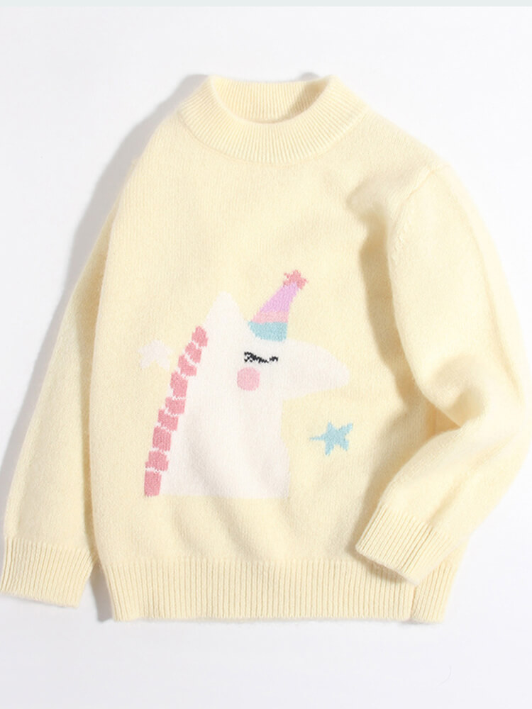 Kids Soft Yellow Unicorn Cashmere Crewneck Pullover Sweater